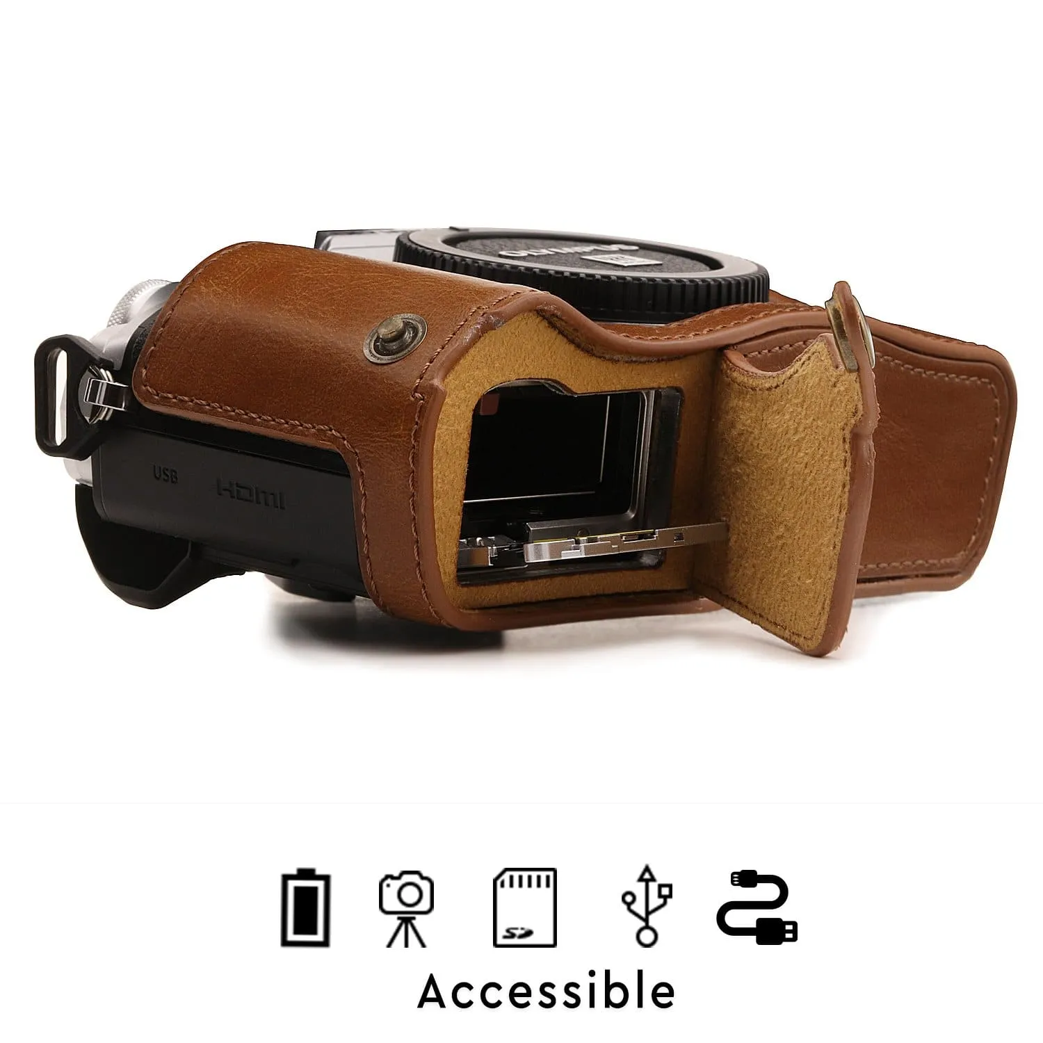 MegaGear Olympus OM-D E-M10 Mark IIIs, OM-D E-M10 Mark III Ever Ready Leather Camera Half Case and Strap