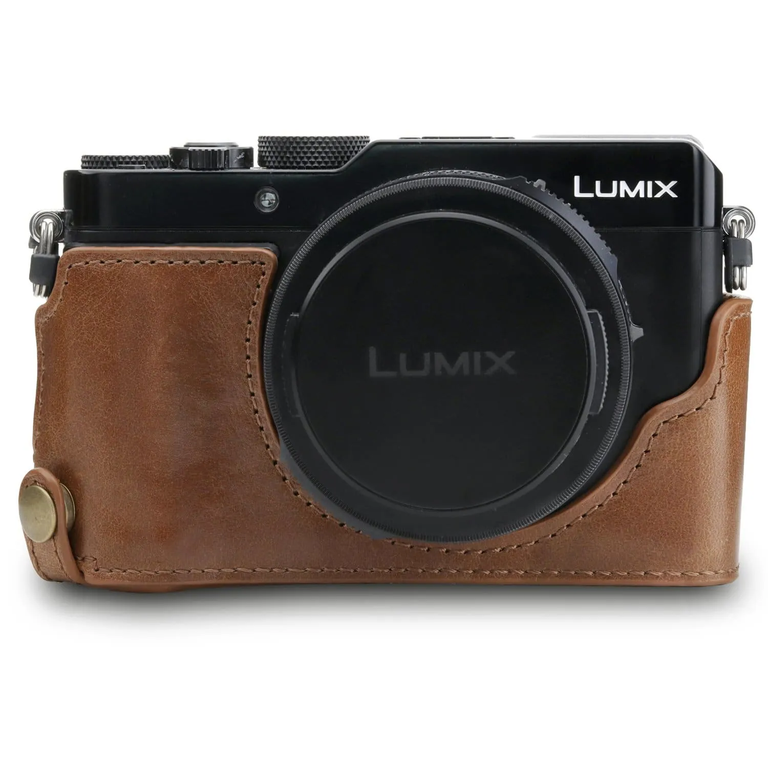 MegaGear Panasonic Lumix DC-LX100 II Ever Ready Top Grain Leather Camera Half Case and Strap