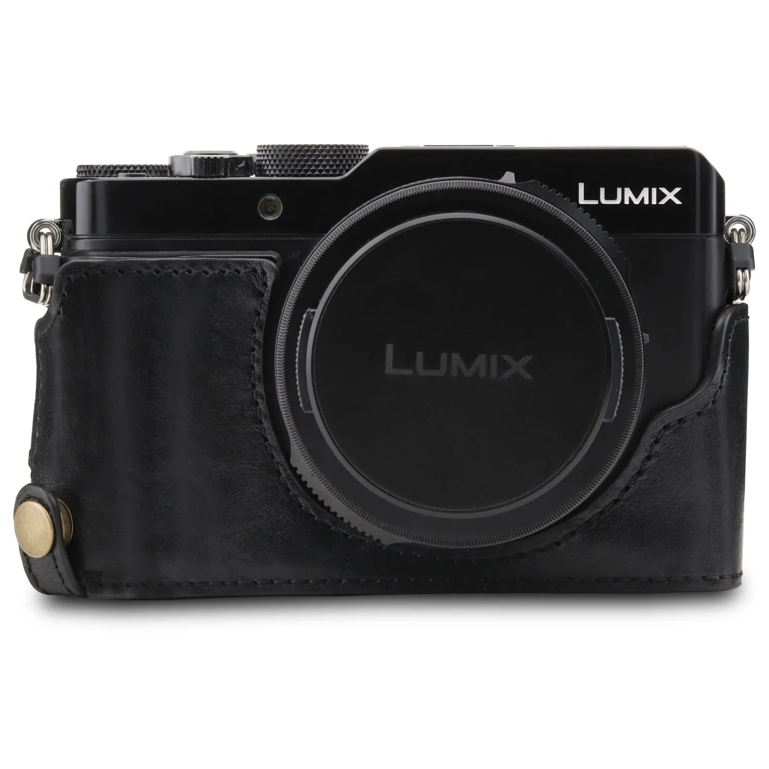 MegaGear Panasonic Lumix DC-LX100 II Ever Ready Top Grain Leather Camera Half Case and Strap