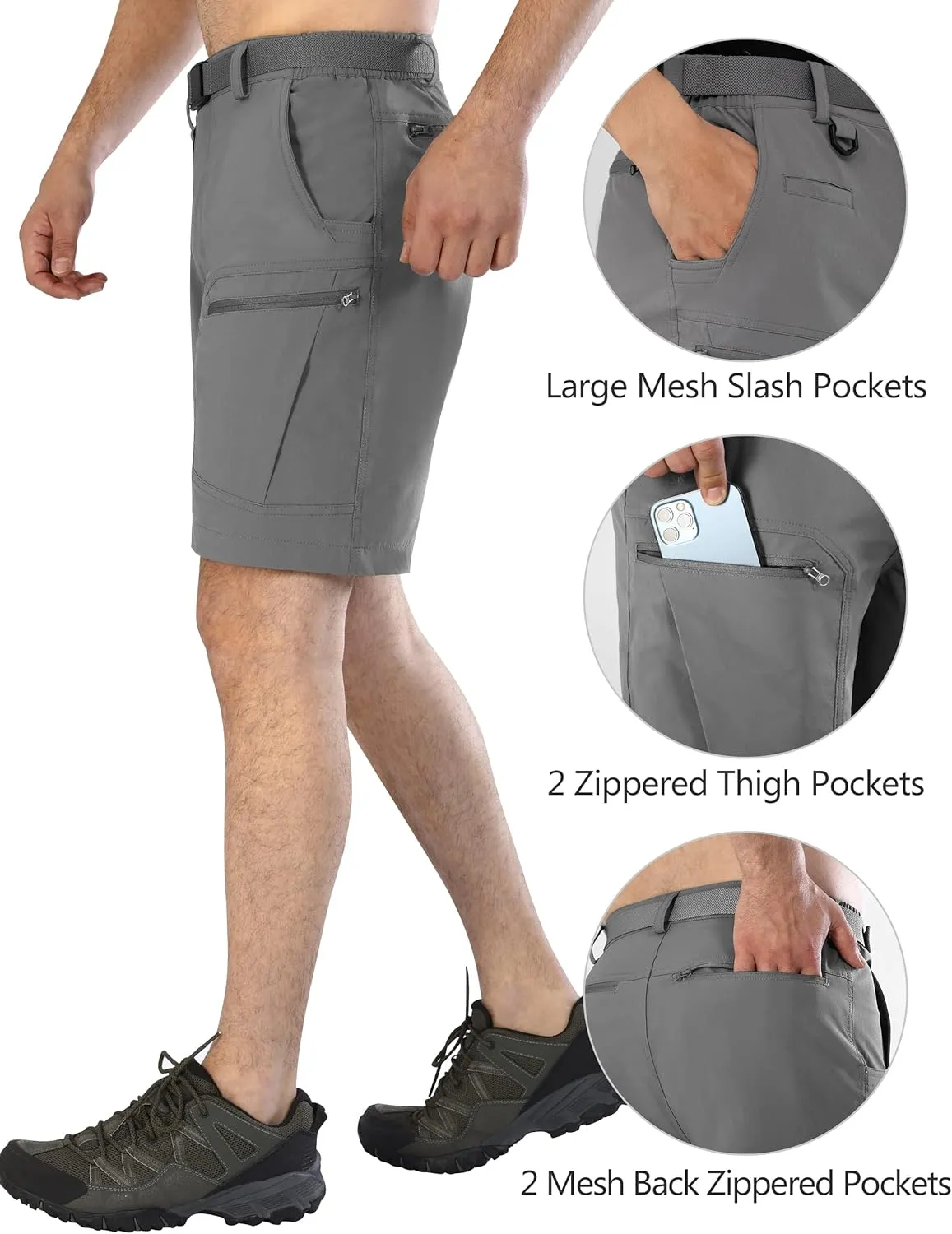 Mens Cargo Hiking Shorts Water Resistant Quick Dry Lightweight Breathable Tactical Shorts with Nylon Belt