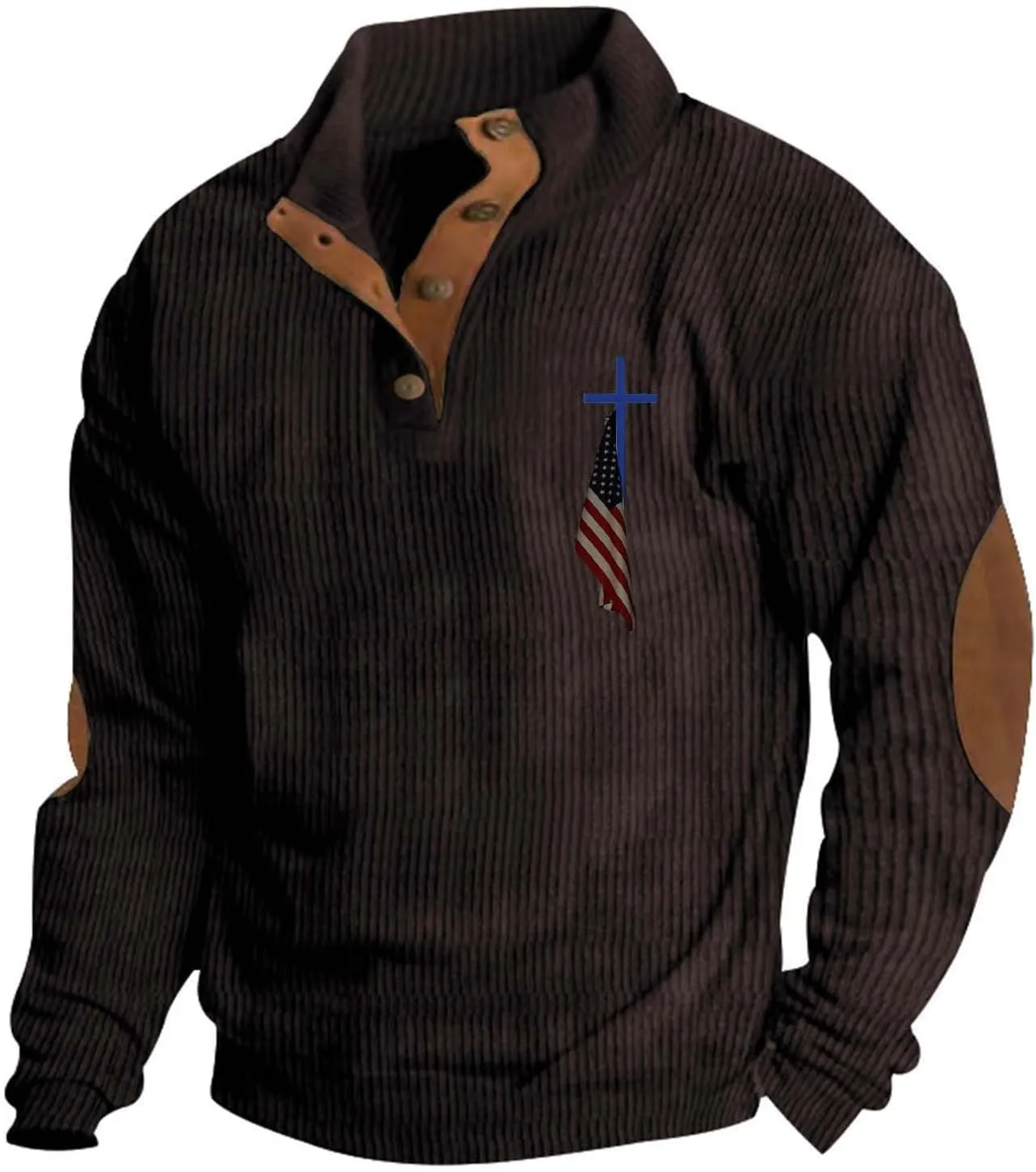 Men's Corduroy Sweatshirt Casual Long Sleeve Stand Collar Button Pullover Sweatshirts Print Thick Shirts with Pockets