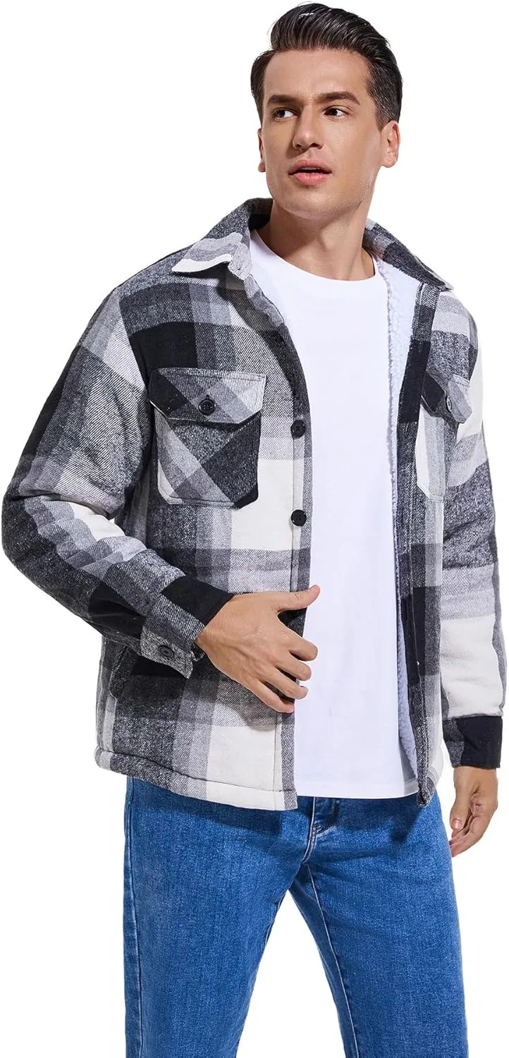 Men's Cotton Flannel Shirt Jacket Fleece Lined Long Sleeve Plaid Shirt for Men
