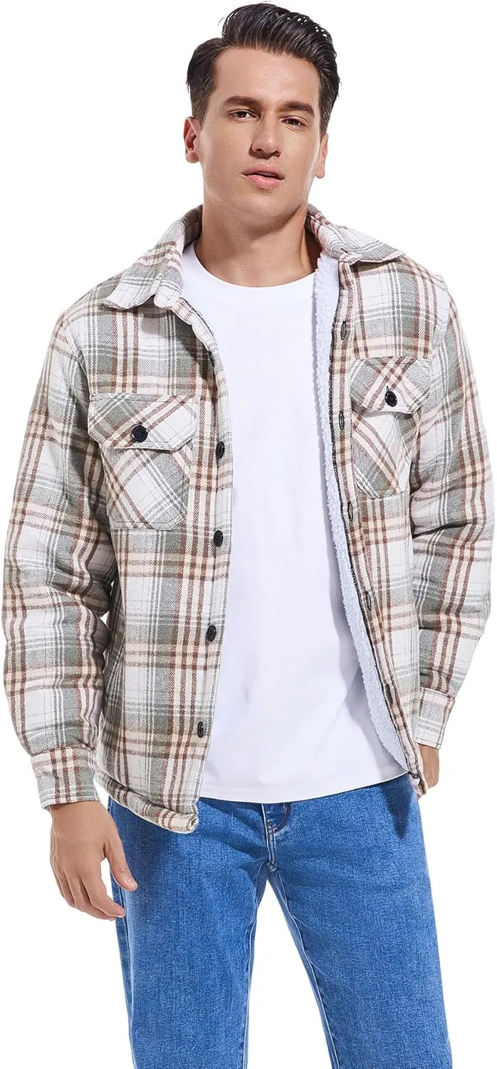 Men's Cotton Flannel Shirt Jacket Fleece Lined Long Sleeve Plaid Shirt for Men