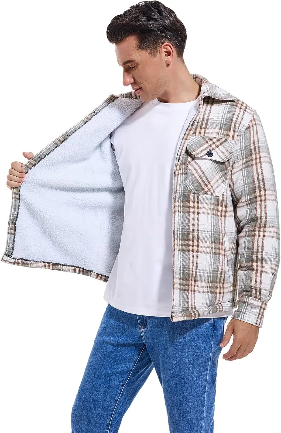 Men's Cotton Flannel Shirt Jacket Fleece Lined Long Sleeve Plaid Shirt for Men