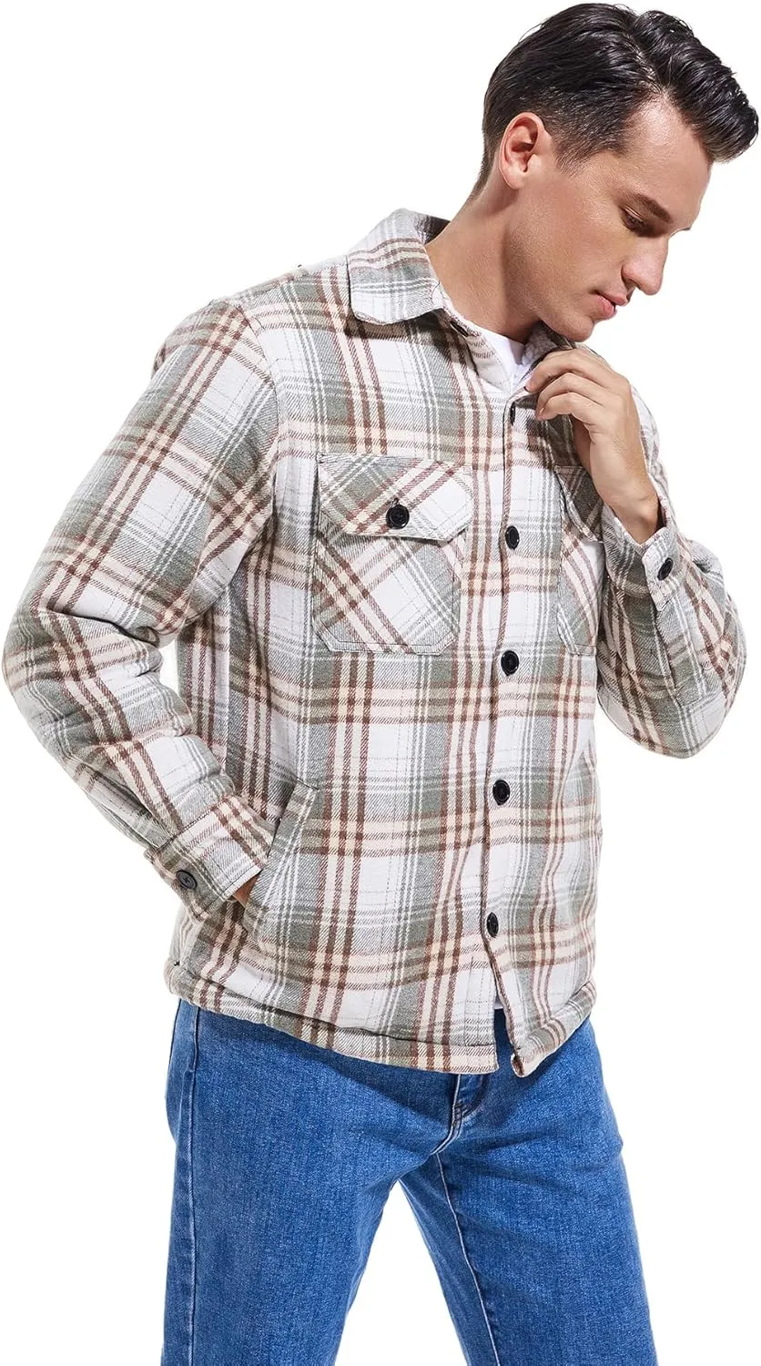 Men's Cotton Flannel Shirt Jacket Fleece Lined Long Sleeve Plaid Shirt for Men