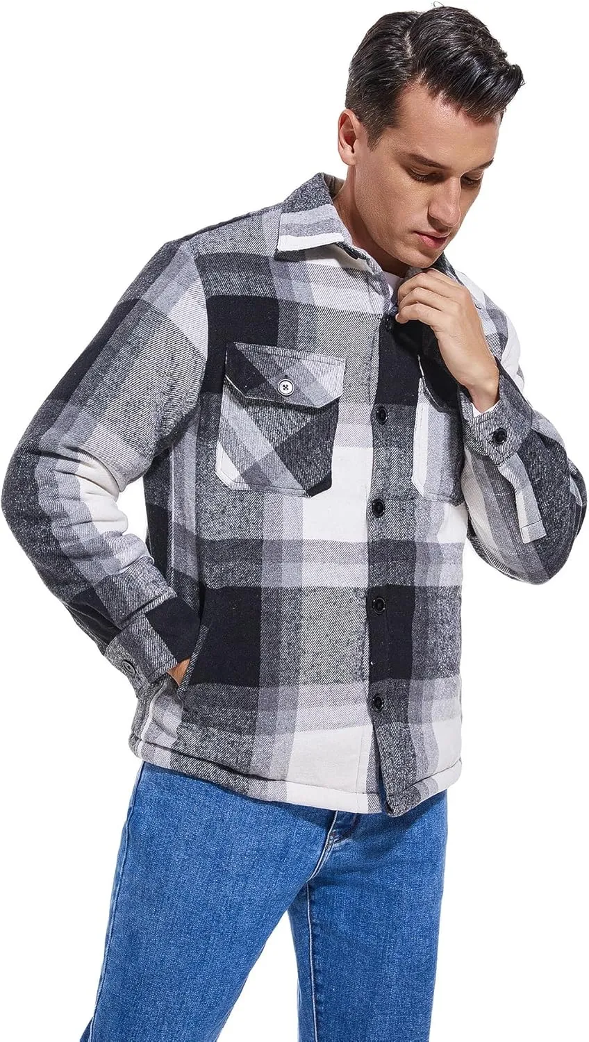 Men's Cotton Flannel Shirt Jacket Fleece Lined Long Sleeve Plaid Shirt for Men