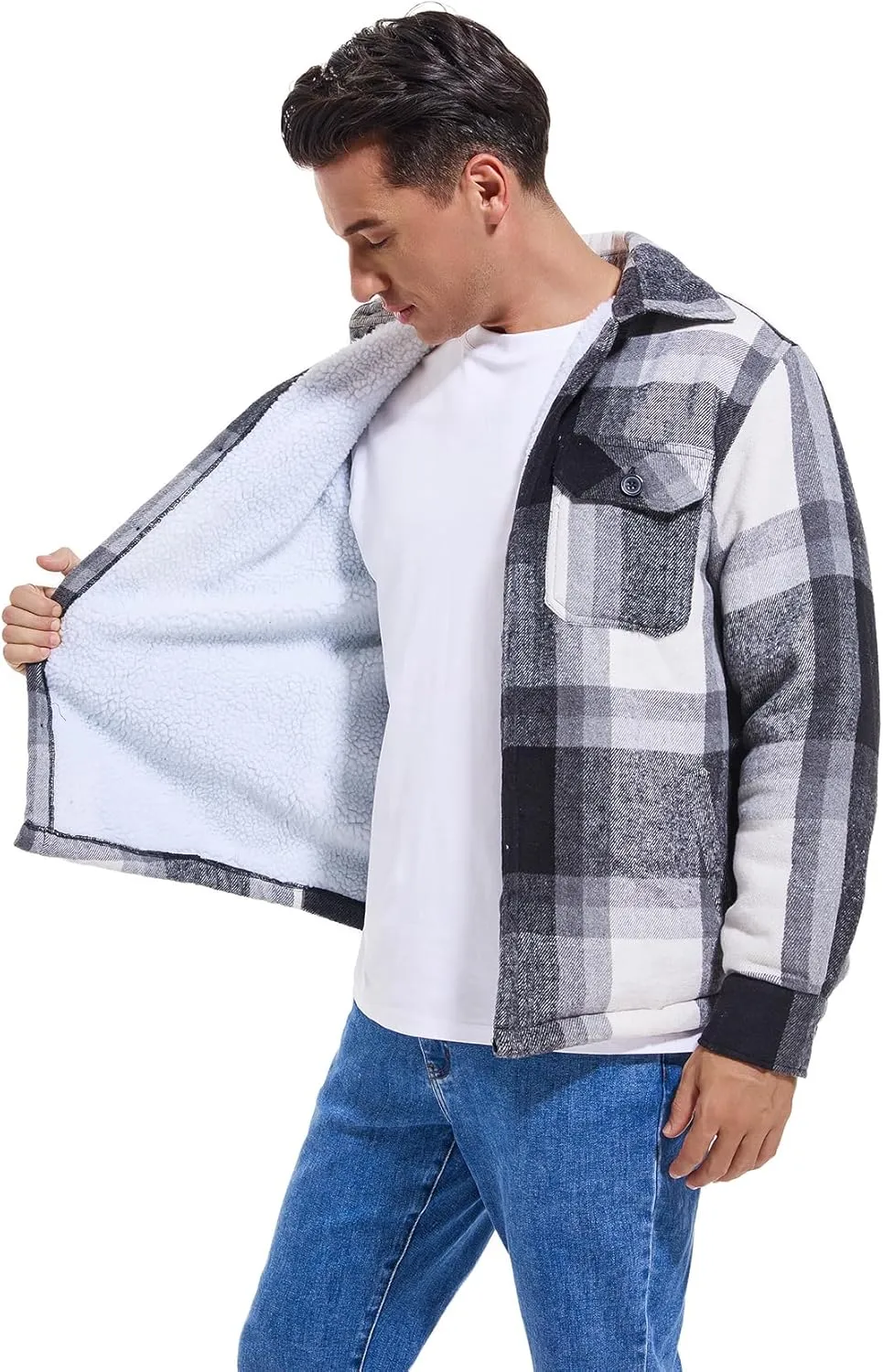 Men's Cotton Flannel Shirt Jacket Fleece Lined Long Sleeve Plaid Shirt for Men