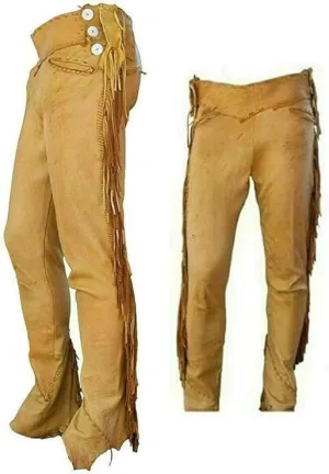 Men's Cowboy Buckskin Suede Leather Western Pant with Fringe