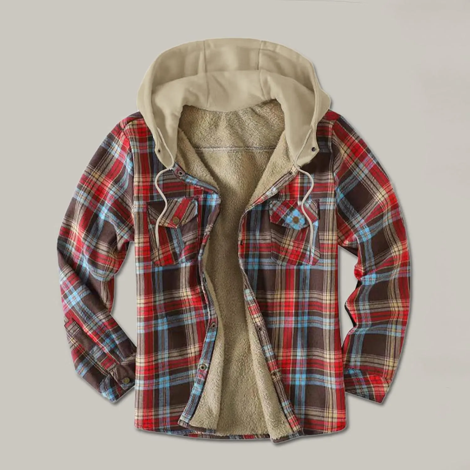 Men's Hooded Shirt Jacket Plaid Pocket Hooded Loose Coat Plus Velvet Shirt Top with Hood for Men Fleece Lined