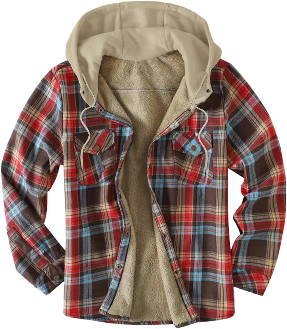 Men's Hooded Shirt Jacket Plaid Pocket Hooded Loose Coat Plus Velvet Shirt Top with Hood for Men Fleece Lined
