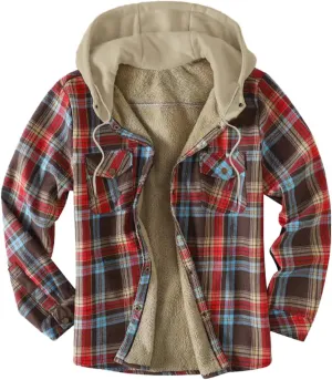 Men's Hooded Shirt Jacket Plaid Pocket Hooded Loose Coat Plus Velvet Shirt Top with Hood for Men Fleece Lined