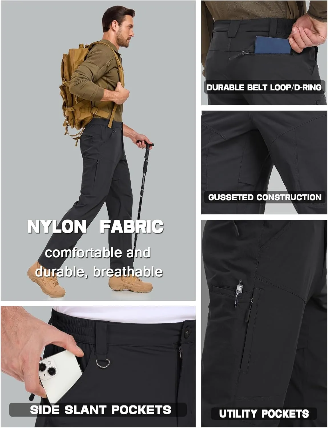 Mens Lightweight Cargo Hiking Patns Outdoor Quick Dry Work Tactical Pants with 6 Pockets Water Resistant Fishing Travel Pants