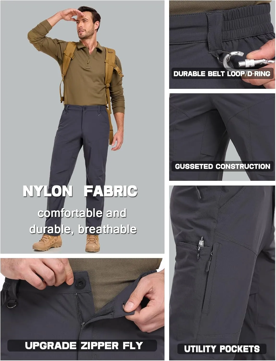 Mens Lightweight Cargo Hiking Patns Outdoor Quick Dry Work Tactical Pants with 6 Pockets Water Resistant Fishing Travel Pants