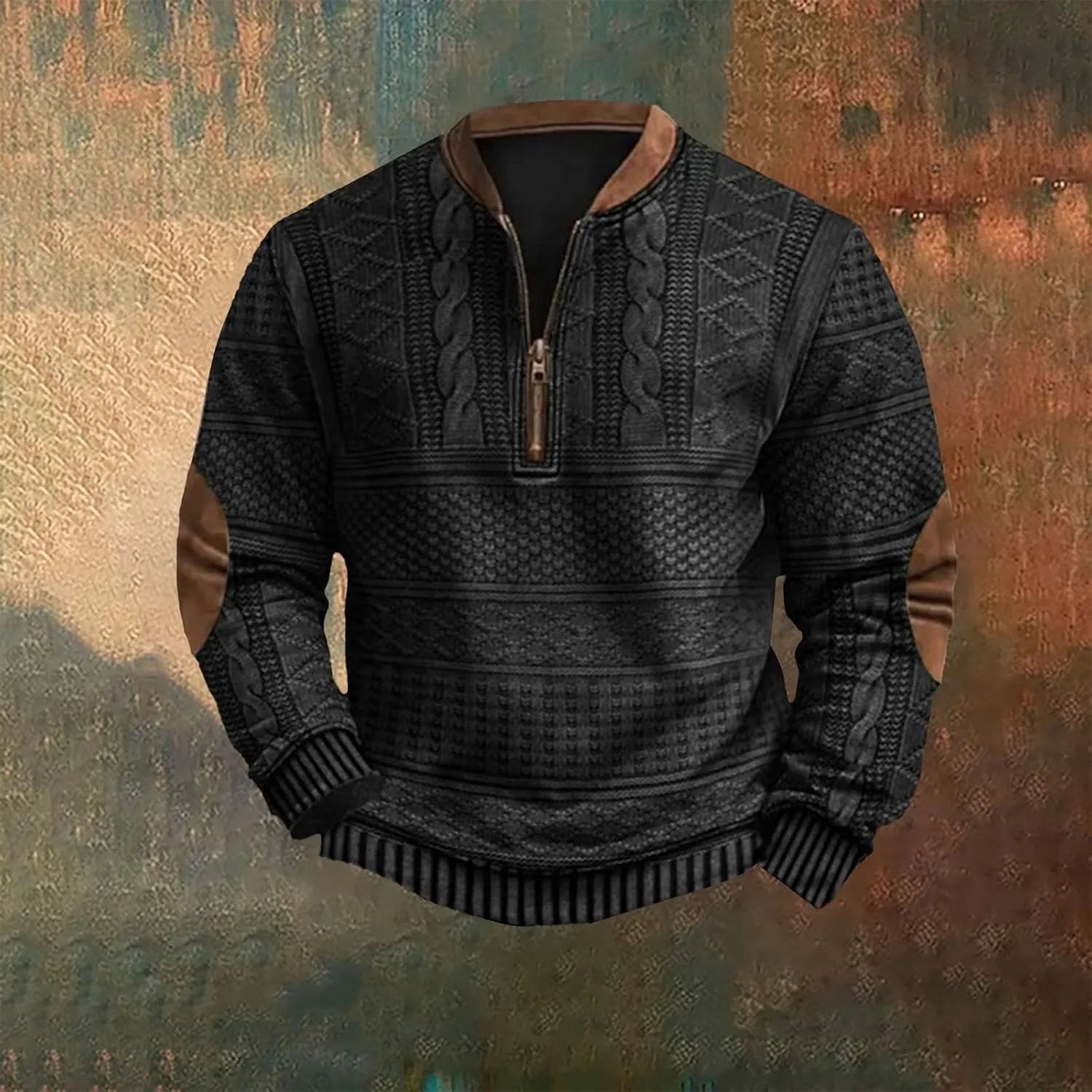 Mens Quarter Zip Sweatshirt Vintage Knit Print Graphic Sweatshirt Stand Collar Pullover Sweater Fall Winter Clothing