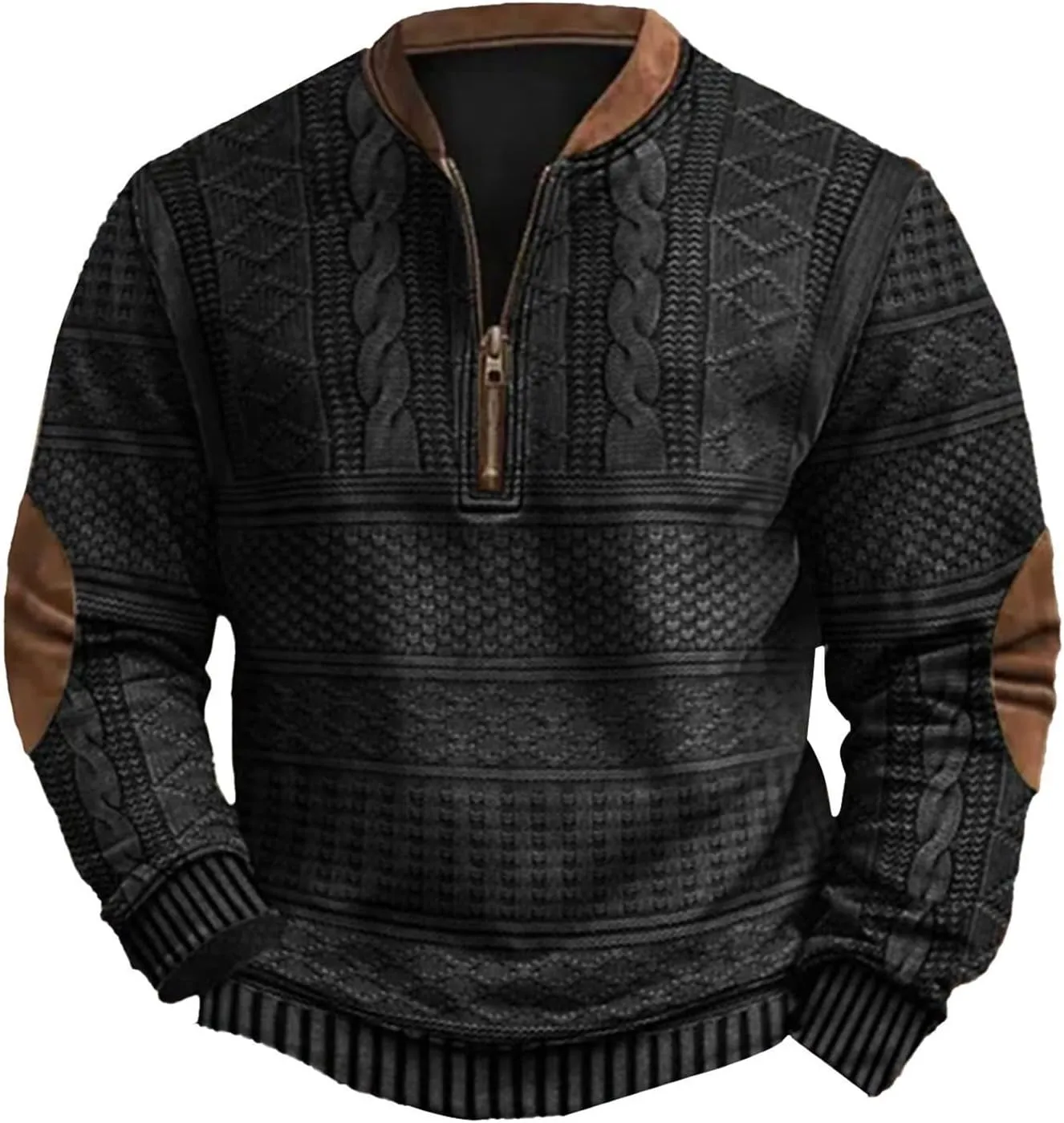 Mens Quarter Zip Sweatshirt Vintage Knit Print Graphic Sweatshirt Stand Collar Pullover Sweater Fall Winter Clothing