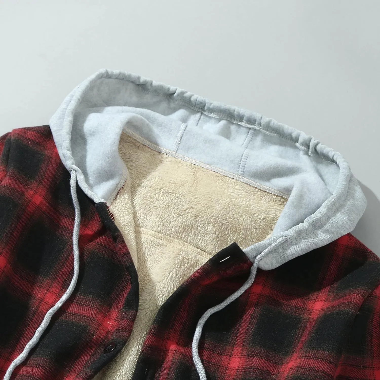 Men's Sherpa Flannel Shirt Jacket Pocket Hooded Loose Coat Plus Velvet Shirt Mens Vintage Plaid Shirts Hoodie Jackets