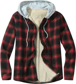 Men's Sherpa Flannel Shirt Jacket Pocket Hooded Loose Coat Plus Velvet Shirt Mens Vintage Plaid Shirts Hoodie Jackets