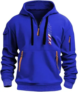 Mens Vintage American Flag Hoodie Active Workout Long Sleeve Pullover Quarter Zip USA Hoodies Tactical Sweatshirts