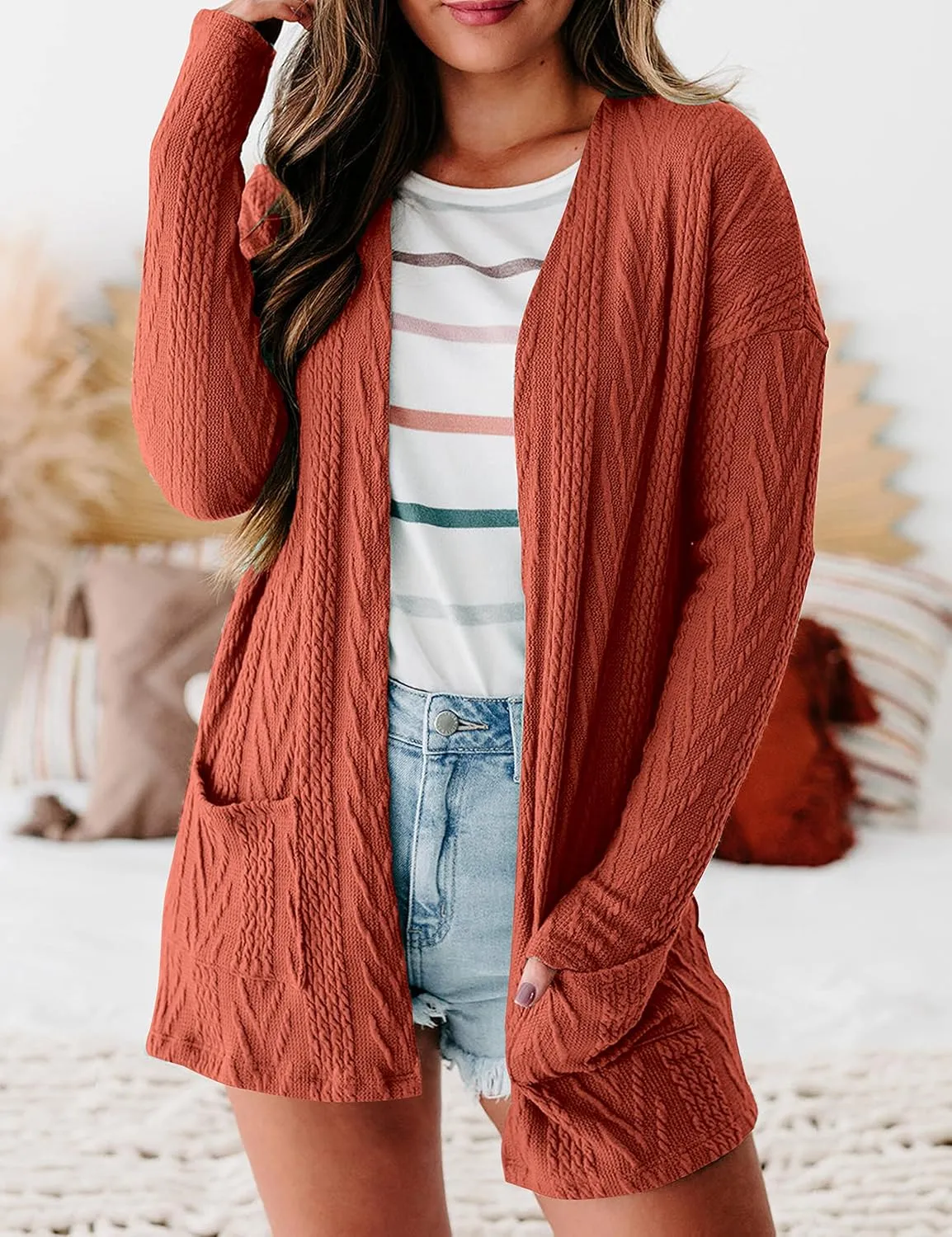 MEROKEETY Women's Casual Long Sleeve Open Front Cable Knit Cardigans Lightweight Solid Color with Pockets