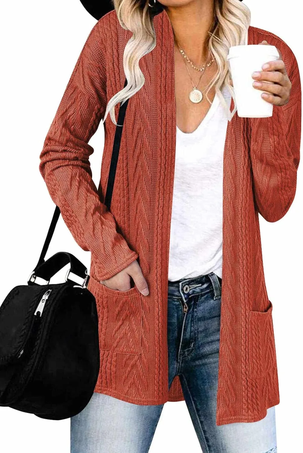 MEROKEETY Women's Casual Long Sleeve Open Front Cable Knit Cardigans Lightweight Solid Color with Pockets