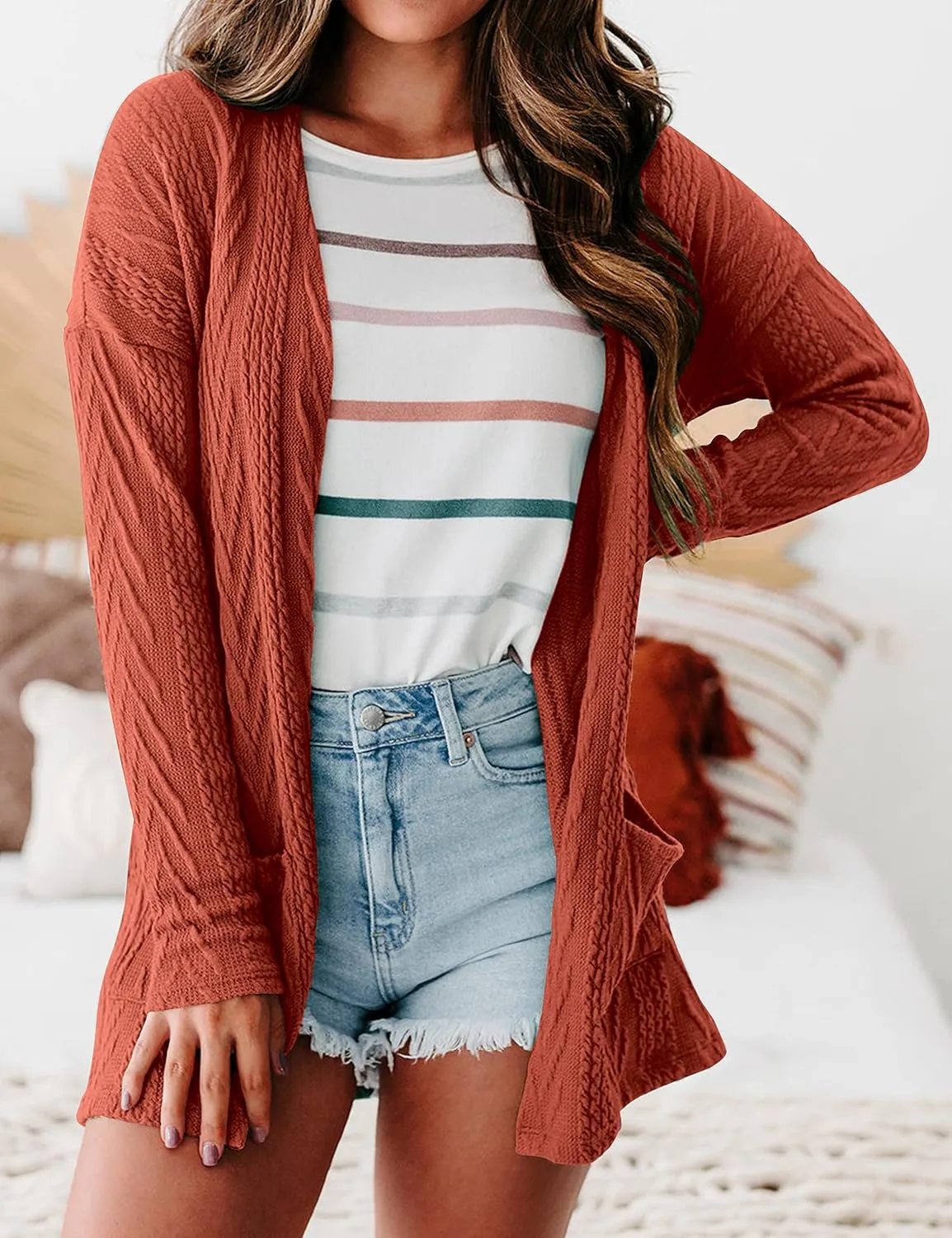 MEROKEETY Women's Casual Long Sleeve Open Front Cable Knit Cardigans Lightweight Solid Color with Pockets