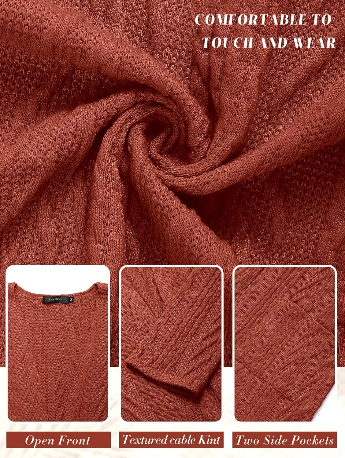 MEROKEETY Women's Casual Long Sleeve Open Front Cable Knit Cardigans Lightweight Solid Color with Pockets