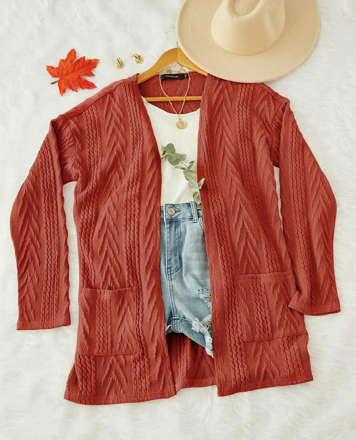 MEROKEETY Women's Casual Long Sleeve Open Front Cable Knit Cardigans Lightweight Solid Color with Pockets