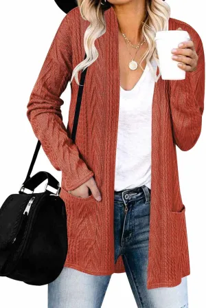 MEROKEETY Women's Casual Long Sleeve Open Front Cable Knit Cardigans Lightweight Solid Color with Pockets