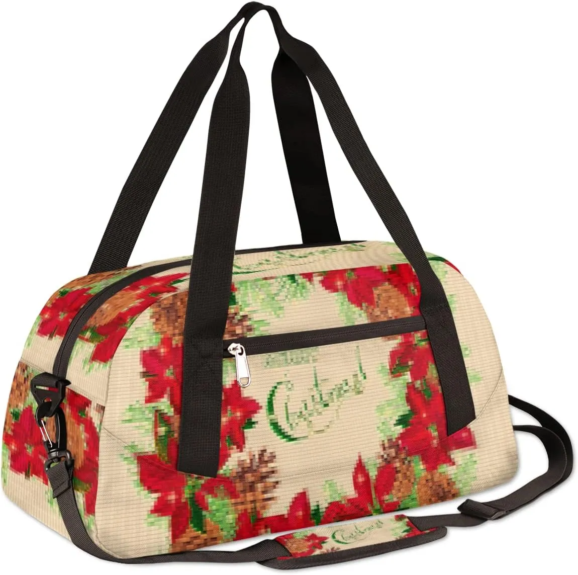 Merry Christmas Pine Cones Puansetia Kids Duffel Bag for Girls Boys Teens, Merry Christmas Dance Bag Overnight Small Duffel Bag Carry On Weekend Sports Gym Travel Bag for School Practice Gymnastics Ballet