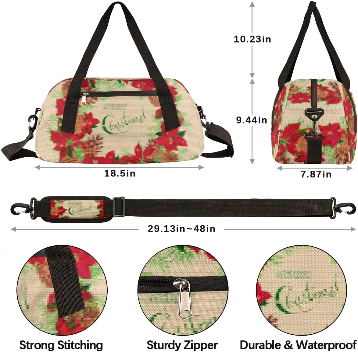 Merry Christmas Pine Cones Puansetia Kids Duffel Bag for Girls Boys Teens, Merry Christmas Dance Bag Overnight Small Duffel Bag Carry On Weekend Sports Gym Travel Bag for School Practice Gymnastics Ballet