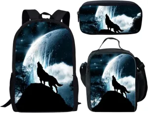 Middle School Student Backpack Lunch Bag Set Pen Bags Fashion Durable Large Book Bag Wolf Print