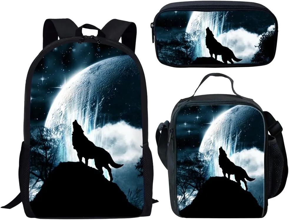 Middle School Student Backpack Lunch Bag Set Pen Bags Fashion Durable Large Book Bag Wolf Print