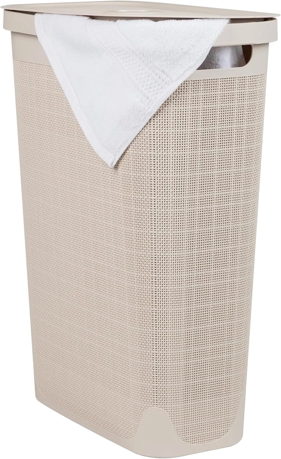 Mind Reader 40L Slim Laundry Hamper, Clothes Basket, Lid, Linen Design, Plastic, 18.5”L x 10.75”W x 23.5”H, Ivory