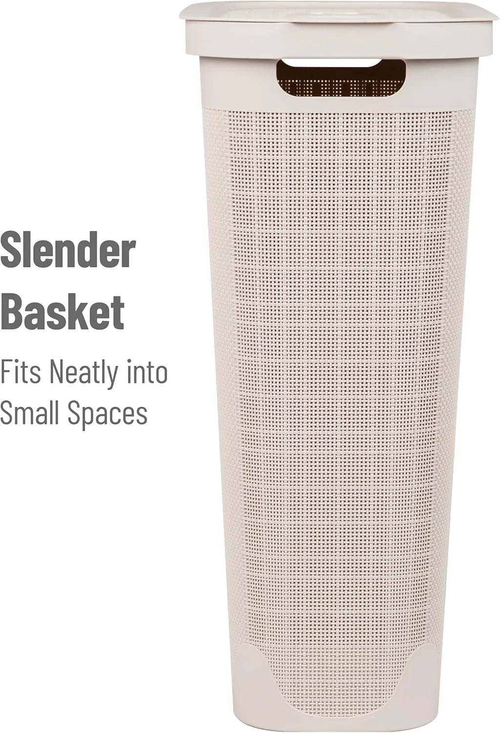 Mind Reader 40L Slim Laundry Hamper, Clothes Basket, Lid, Linen Design, Plastic, 18.5”L x 10.75”W x 23.5”H, Ivory