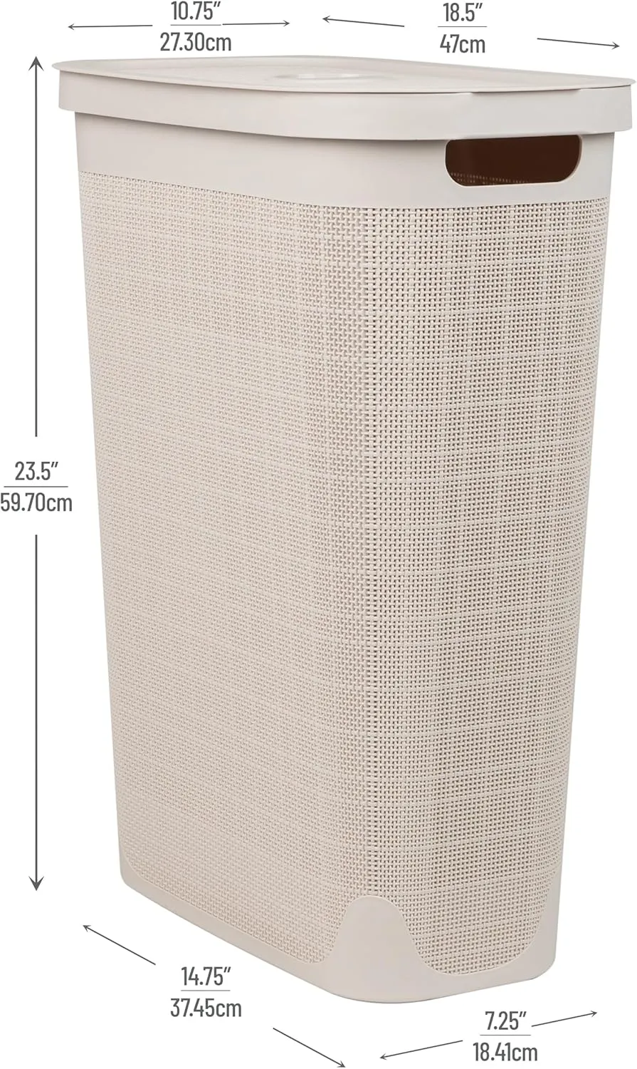 Mind Reader 40L Slim Laundry Hamper, Clothes Basket, Lid, Linen Design, Plastic, 18.5”L x 10.75”W x 23.5”H, Ivory