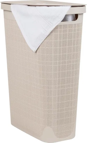 Mind Reader 40L Slim Laundry Hamper, Clothes Basket, Lid, Linen Design, Plastic, 18.5”L x 10.75”W x 23.5”H, Ivory