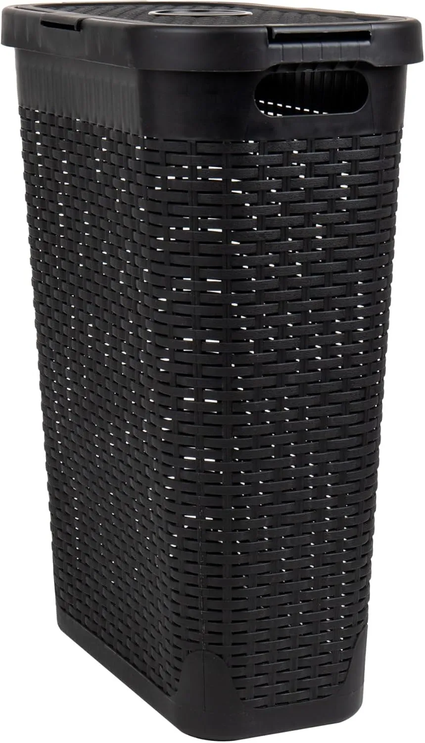 Mind Reader 40L Slim Laundry Hamper, Clothes Basket, Lid, Wicker Design, Plastic, 18"L x 10.4"W x 23.5"H, Black