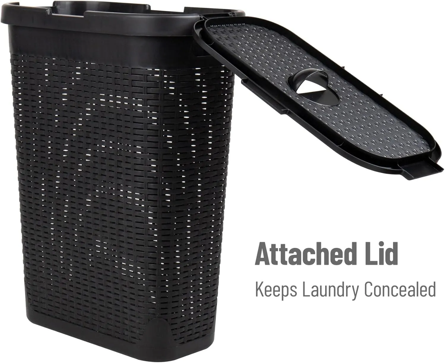 Mind Reader 40L Slim Laundry Hamper, Clothes Basket, Lid, Wicker Design, Plastic, 18"L x 10.4"W x 23.5"H, Black