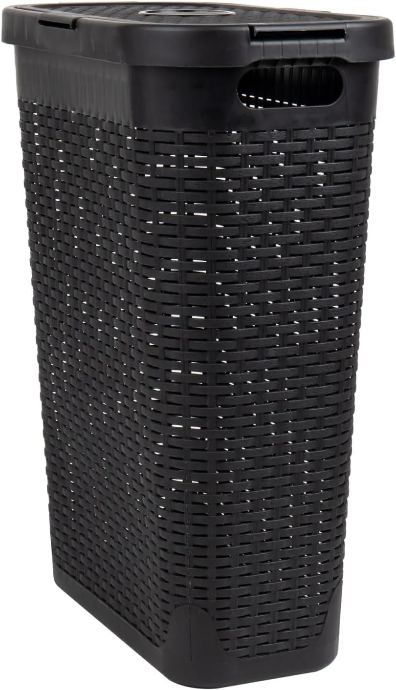 Mind Reader 40L Slim Laundry Hamper, Clothes Basket, Lid, Wicker Design, Plastic, 18"L x 10.4"W x 23.5"H, Black