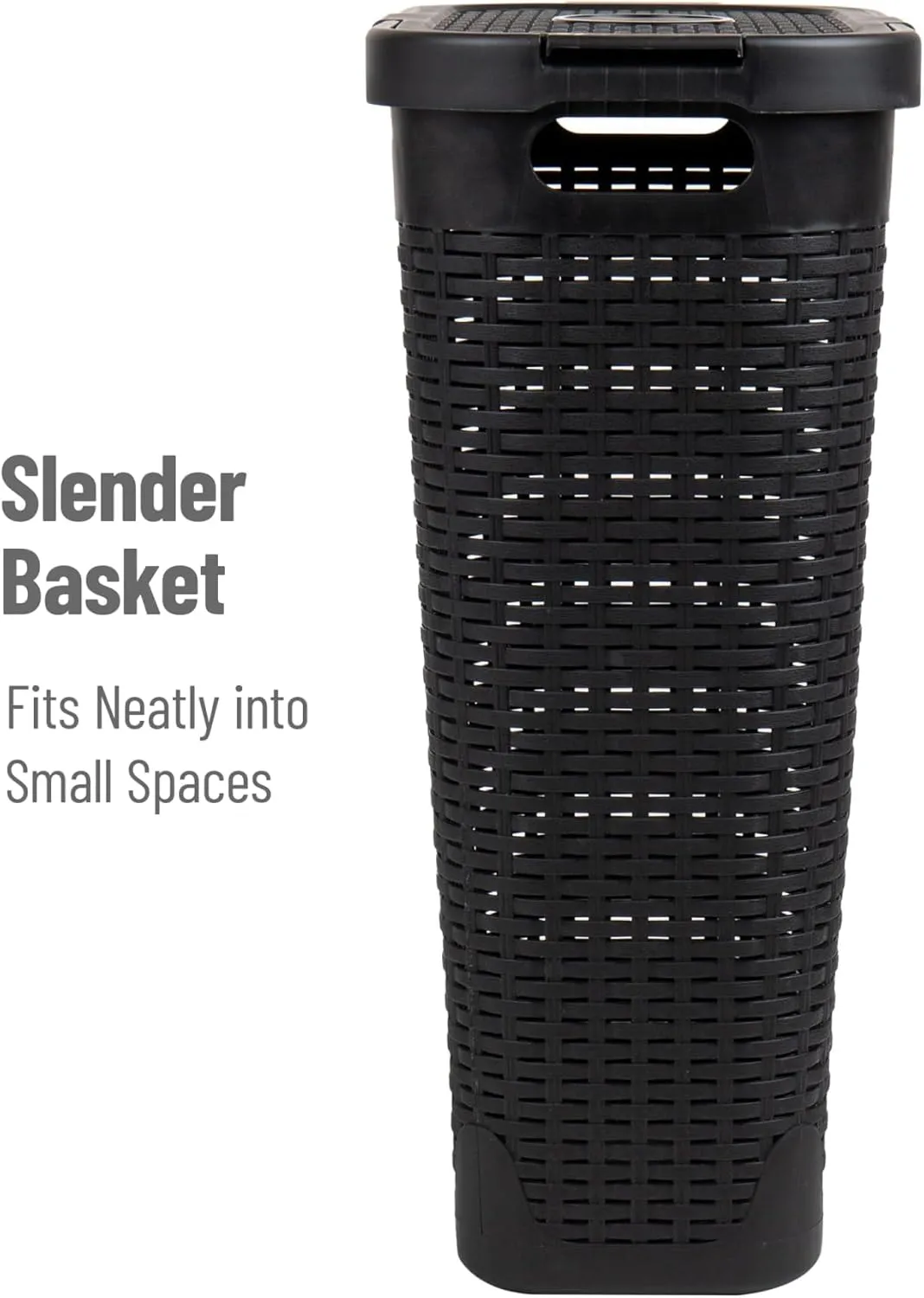 Mind Reader 40L Slim Laundry Hamper, Clothes Basket, Lid, Wicker Design, Plastic, 18"L x 10.4"W x 23.5"H, Black