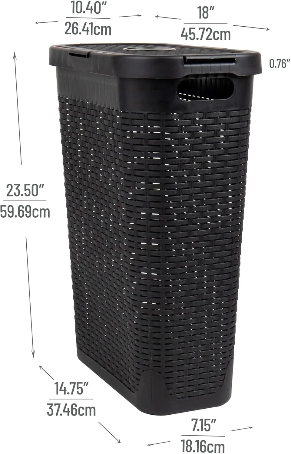 Mind Reader 40L Slim Laundry Hamper, Clothes Basket, Lid, Wicker Design, Plastic, 18"L x 10.4"W x 23.5"H, Black