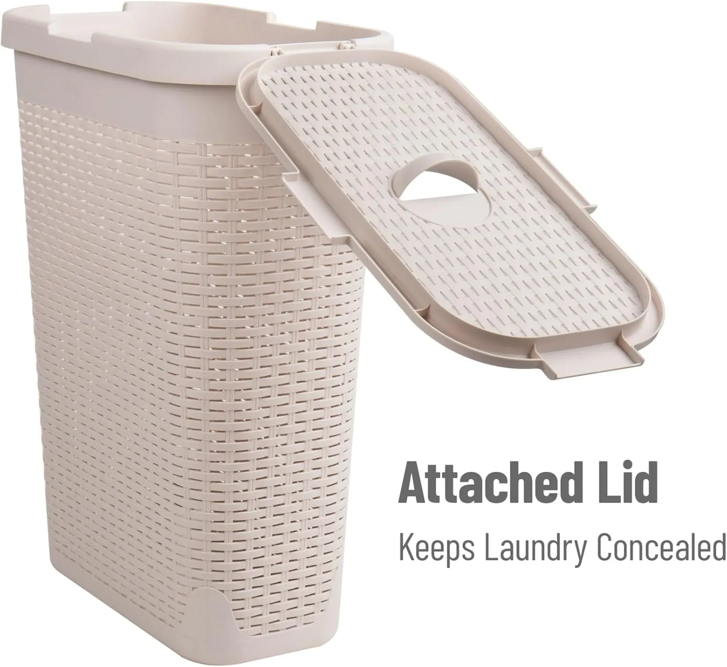 Mind Reader 40L Slim Laundry Hamper, Clothes Basket, Lid, Wicker Design, Plastic, 18"L x 10.4"W x 23.5"H, Ivory