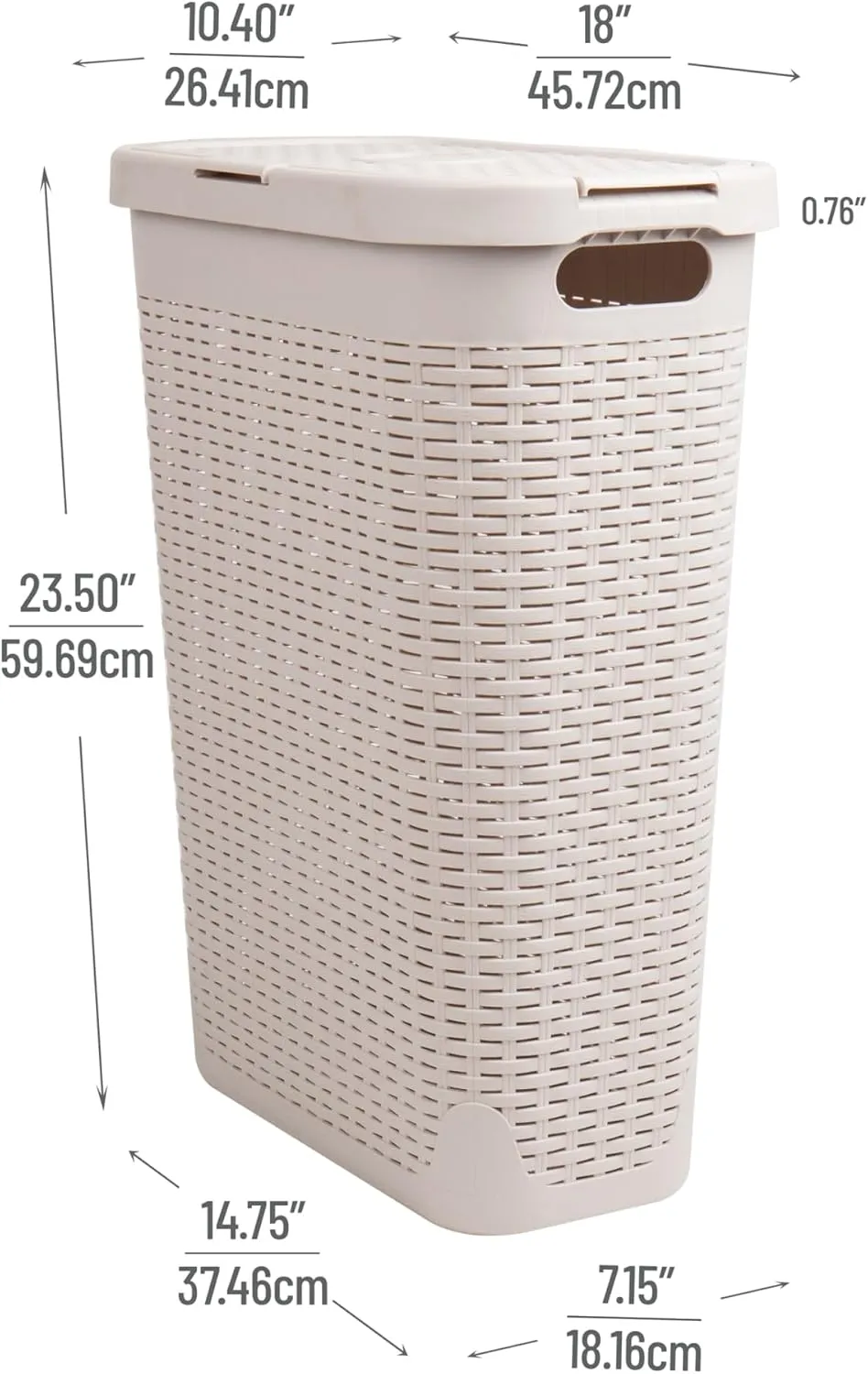Mind Reader 40L Slim Laundry Hamper, Clothes Basket, Lid, Wicker Design, Plastic, 18"L x 10.4"W x 23.5"H, Ivory