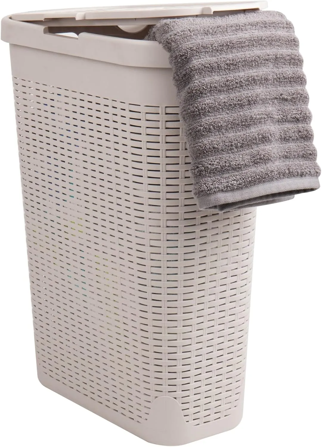 Mind Reader 40L Slim Laundry Hamper, Clothes Basket, Lid, Wicker Design, Plastic, 18"L x 10.4"W x 23.5"H, Ivory