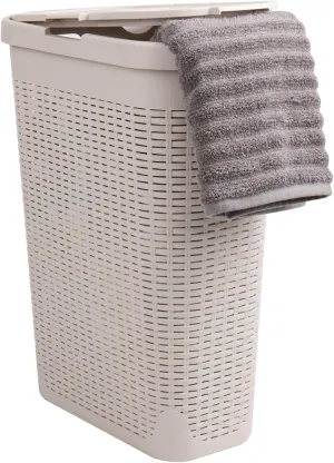 Mind Reader 40L Slim Laundry Hamper, Clothes Basket, Lid, Wicker Design, Plastic, 18"L x 10.4"W x 23.5"H, Ivory