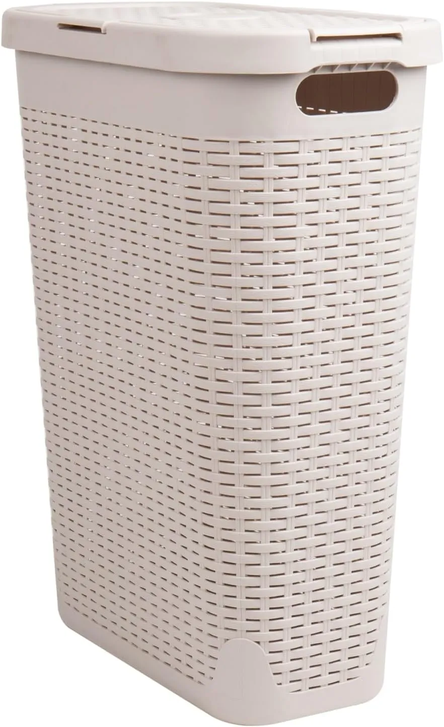 Mind Reader 40L Slim Laundry Hamper, Clothes Basket, Lid, Wicker Design, Plastic, 18"L x 10.4"W x 23.5"H, Ivory