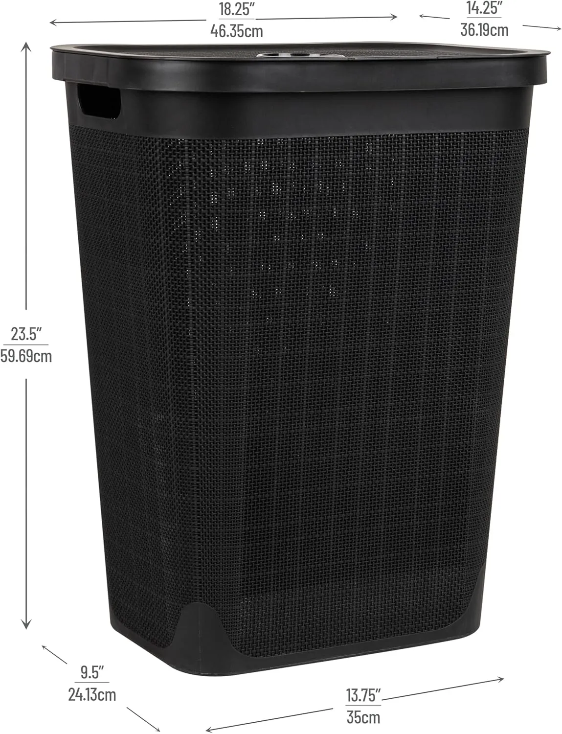 Mind Reader 60L Slim Laundry Hamper, Clothes Basket, Lid, Linen Design, Plastic, 18.25”L x 14.25”W x 23.5”H, Black