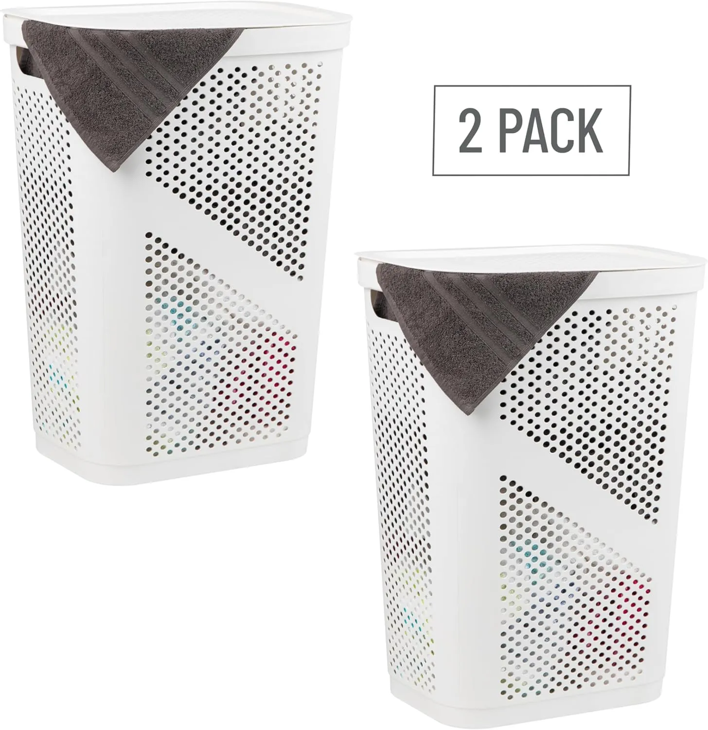 Mind Reader 60L Slim Laundry Hamper, Clothes Basket, Lid, Ventilated, Plastic, 17.25"L x 13.75"W x 23.5"H, Set of 2, White