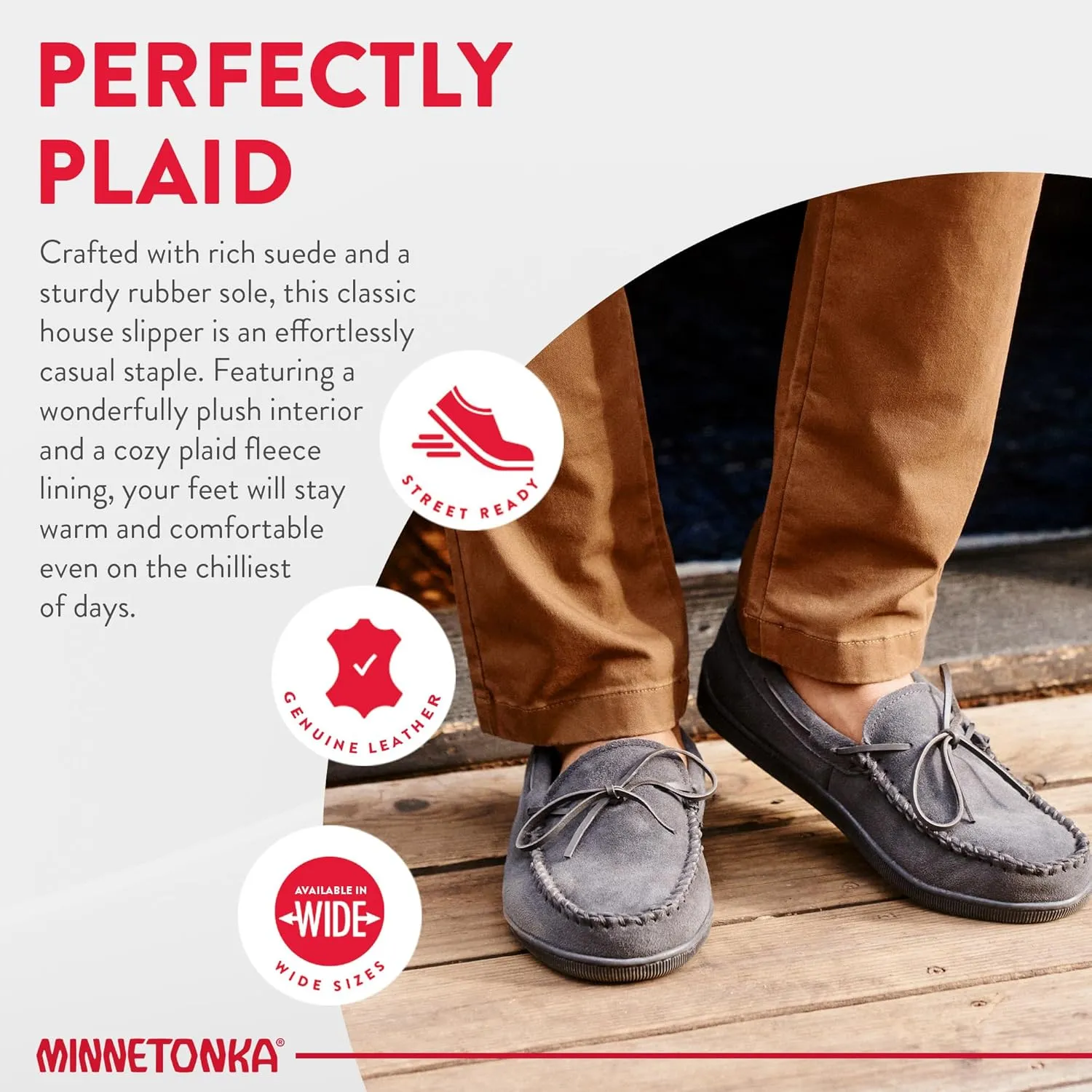 Minnetonka Plaid Lined Hardsole - Moccasin Slippers for Men Made with Suede Upper, Rubber Sole, Plush Interior, Fleece Lining, Rawhide Lace, and Traditional Moccasin Design