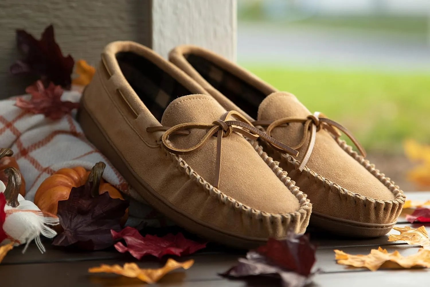 Minnetonka Plaid Lined Hardsole - Moccasin Slippers for Men Made with Suede Upper, Rubber Sole, Plush Interior, Fleece Lining, Rawhide Lace, and Traditional Moccasin Design